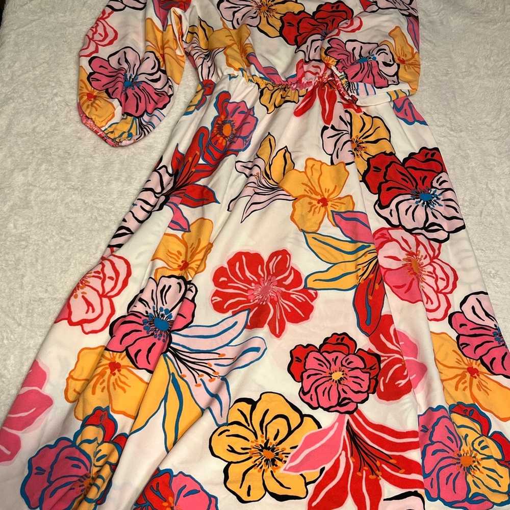 White Floral Midi Dress with Pink & Yellow Blooms